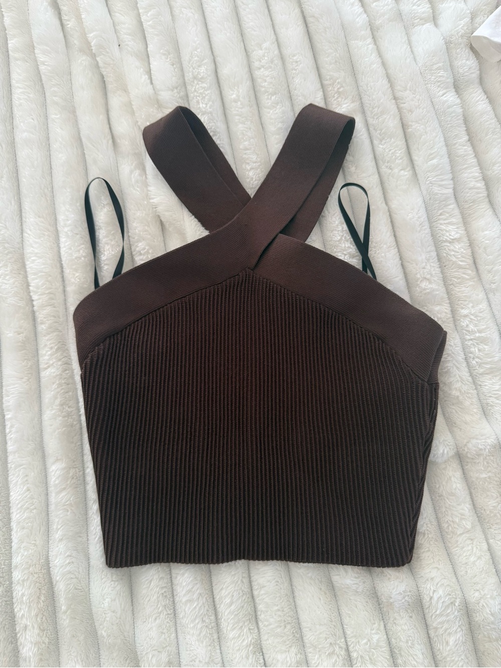 Babaton Dark Brown Ribbed Crisscross Crop Top